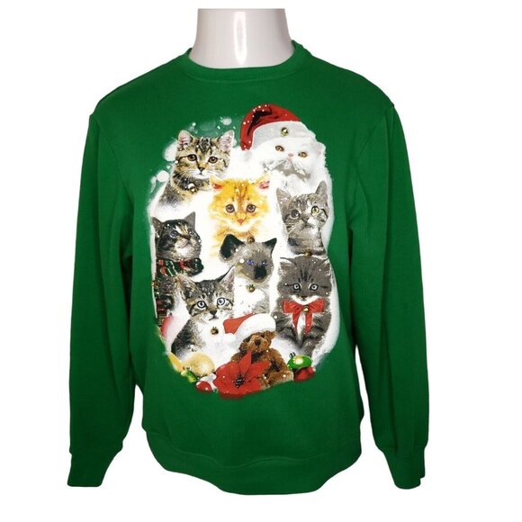 Christmas Kitty Cat Pullover Sweatshirt Medium Jingle Bells Green Womens - Picture 1 of 5